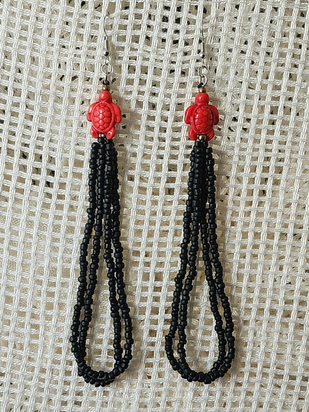 Red Turtle Bead & Black Seed-Bead Tassel Earrings